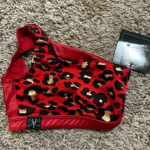 Kids Red Leopard Print Dance Costume Top with Gold Accents